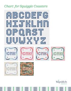 cross stitch alphabets with the letters and numbers for each letter, in different colors