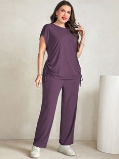 Plus Size Solid Color Rib-Knit Batwing Sleeve Drawstring Ruched T-Shirt And Straight Leg Pants Two-Piece Set Mauve Purple Casual  Short Sleeve Fabric Plain  Medium Stretch  Women Plus Clothing, size features are:Bust: ,Length: ,Sleeve Length: Drawstring Shirt, Burmese Clothing, Blouse Neck, Blouse Neck Designs, Plus Size Fashion For Women, Plus Size Kleidung, Linen Top, Batwing Sleeve, Straight Leg Pants