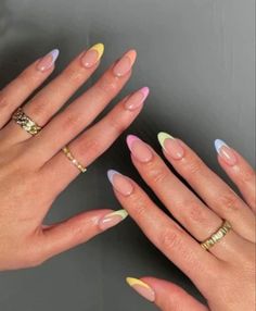 Spring Nails French Tip Pastel Almond, Pastel Summer Nails Almond, Almond Nails Pastel Tips, Pastel Coloured French Tips, Easter Pastel French Tip Nails, Multicolor French Tip Nails Pastel, Pastel Tips Acrylic Nails, Rainbow Pastel French Tip Nails, Almond Nails Colorful Tips