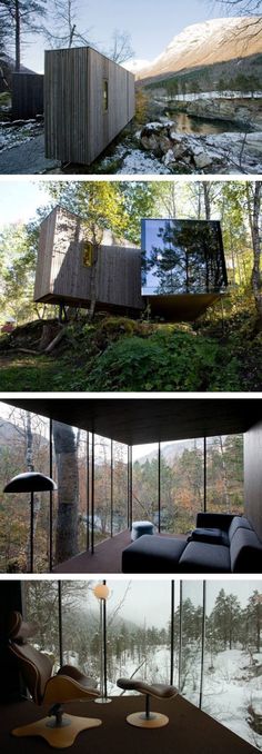 four different views of houses in the woods