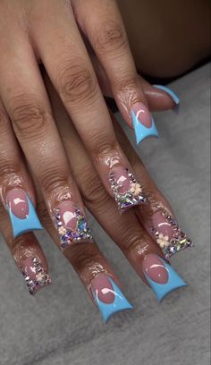 Cute Duck Nail Ideas, Rhinestone Duck Nails, Baby Blue Duck Nails, Light Blue Duck Nails, Short Duckie Nails, Blue Duck Nails, Acrylic Duck Nails, Duck Acrylic Nails, Short Duck Nails Acrylic