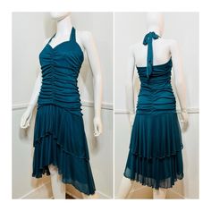 "Y2K vintage teal glitter halter dress by Speechless. Light and stretchy poly with all over glitter. Sweetheart gathered bodice with halter neck ties. Gathers at the front and back. Dropped waist seam. Fluttery tiered skirt with a Hi-Low hemline. Lined in poly. Pulls over the head, no closures.  { LABEL- FABRIC- TAG SIZE } Speechless  Poly Labeled Size Medium - refer to measurements { MEASUREMENTS } Shown on a 5'8\" Mannequin with 33\" Bust- 25\" Waist- 35\" Hips  Bust- 34\" to 42\" Waist- 29\" to 34\" Hips- 40\" to 48\" Length- 42\" to 49\" { CONDITION } Good Condition -There is a hole in the right halter strap. However when tied the hole is hidden in the gathers of the strap. See last photo.  PLEASE READ BEFORE PURCHASING For best fit, please compare measurements to a garment of your own Fitted Halter Dress With Ruched Bodice For Evening, Evening Fitted Halter Dress With Ruched Bodice, Evening Halter Dress With Ruched Bodice, Fitted Ruched Halter Dress For Evening, Ruched Fitted Halter Dress For Evening, Fitted Green Halter Dress For Cocktail, Flirty Fitted Halter Dress For Party Season, Fitted Ruched Halter Cocktail Dress, Fitted Halter Neck Dress For Party Season