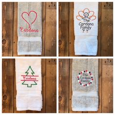 four hand towels with different designs on them