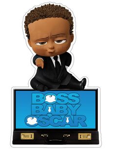 the boss baby oscar bobble head is sitting on top of a suitcase with his arms crossed