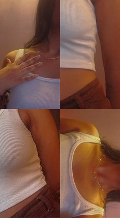 four different pictures of a woman in white top and brown skirt with her hands on her chest