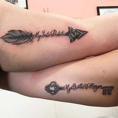 two tattoos on both legs with words and arrows