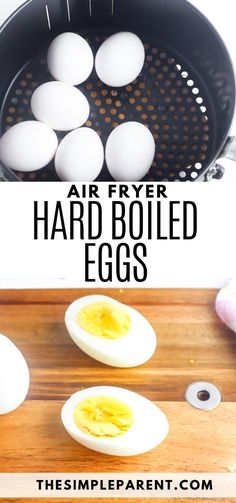 hard boiled eggs in a frying pan with the words, air fryer hard boiled eggs