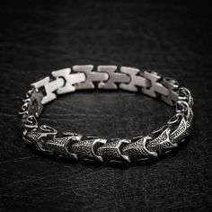 Stainless Steel Dragon Tail Bracelet-Viking Bracelet-Norse Spirit Engraved Metal Snake-shaped Jewelry, Engraved Stainless Steel Link Jewelry, Stainless Steel Braided Bracelet With Clasp, Gothic Silver Stainless Steel Bracelets, Engraved Gunmetal Stainless Steel Jewelry, Silver Metal Snake Bracelets, Silver Metal Snake Bracelet, Metal Link Bracelets With Engraving, Gunmetal Jewelry With Stainless Steel Clasp