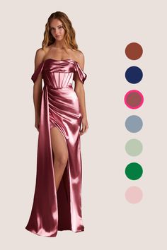 a woman wearing a pink satin gown and matching color swatches with the same dress