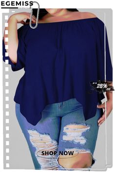 Deep Blue Fashion Casual Bateau Neck Half Sleeve Regular Sleeve Solid Plus Size Tops Trendy Solid Blue Blouse, Blue Short Sleeve Blouse For Fall, Blue Solid Color Blouse For Fall, Blue Solid Color Blouse For Day Out, Blue Solid Color Tops For Day Out, Chic Blue Solid Color Blouse, Chic Solid Blue Blouse, Casual Royal Blue Summer Tops, Bateau Neck