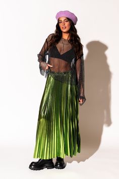 LALA ORIGINAL: Metallic Pleated Midi Skirt in Electric Lime - Dressed in Lala Pregnancy Fits, Satin Playsuit, Green Maxi Skirt, Bad Barbie, Lime Dressing, 2024 Design, Boxy Top, Spandex Dress, Blazer Set