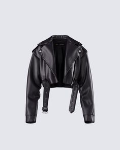 They’ll be begging for a ride when you wear this vintage black cropped jacket 😏 With a motorcycle style design, this piece complete with shiny nickel hardware, a removable waist belt, and epaulettes on the shoulders for a look that will edge them on 🖤 Black Leather Jacket Png, Black Leather Jacket Women, Crop Leather Jacket, Asics Fashion, Coat Outfit Casual, Black Cropped Jacket, Ivory Maxi Dress, Jacket Crop, Seize The Moment