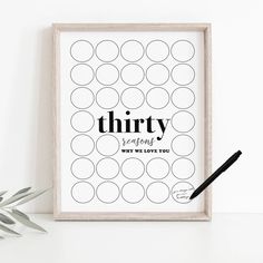 a framed print with the words thirty and some circles on it next to a plant