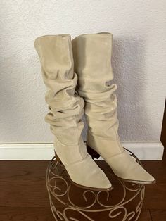 "New Chinese Laundry women's beige high boots SOFT Faux suede upper and man made material Size - 7.5 M Toe to heel 11 1/4\" ball of foot 3.5\" heel hight 1.5\" height 15.5\"" Beige Fitted Suede Knee-high Boots, Fitted Western Suede Knee-high Boots, Fitted Beige Suede Boots, Beige Suede Boots With Wide Calf, Western Suede Mid-calf Boots For Spring, Fitted Suede Mid-calf Boots For Spring, Fitted Cream Mid-calf Boots For Fall, Beige High Boots, Womens High Boots