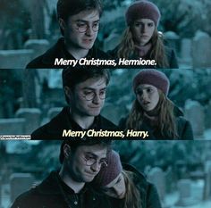 harry potter and hermione are in the snow with each other, saying merry christmas,