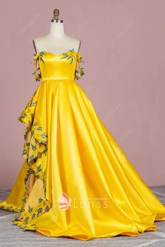 Yellow Colour Gown, Yellow Satin Party Gown, Yellow Satin Gown For Party, Yellow Gown For Banquet And Prom Season, Yellow Gown For Banquet During Prom Season, Yellow Evening Dress With Sweep Train For Prom, Yellow Prom Evening Dress With Sweep Train, Yellow Evening Dress For Prom Season, Yellow Satin Evening Dress For Wedding