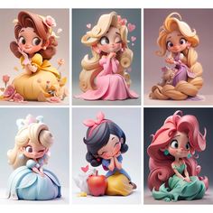 four different figurines of princesses with hearts on their heads and tails, sitting in the same position