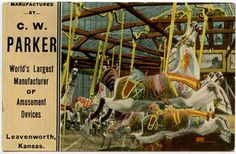 an old fashioned carousel with horses and people on it's sides, as well as the words c w parker world's largest manufacturer of amusement devices