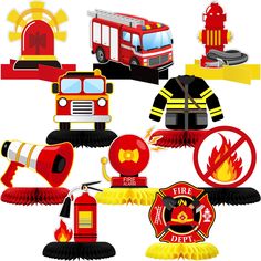 PRICES MAY VARY. Kids Table Centerpiece Set: you will receive 7 pieces of honeycomb birthday centerpieces and 3 pieces of cardboard table decorations, 10 pieces in total, come in different designs, which is enough to meet your party decoration needs Sturdy and Reliable: these fire truck party favors are made of quality cardboard and paper, solid, reliable and lightweight, with colorful and vivid patterns printed, they are not easy to fade, reusable and convenient to store, available to be applie Fire Fighter Party, Firetruck Party Favors, Fireman Baby Showers, Kids Party Centerpieces, Fire Hat, Truck Party Favors, Truck Theme Birthday, Fireman Party, Firetruck Birthday Party