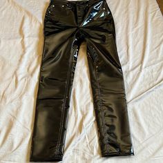 High Rise Vinyl Pants. Chic Fitted Shiny Black Bottoms, Chic Shiny Black Bottoms, Chic Shiny Black Party Bottoms, Vinyl Pants, Patent Leather Pants, Cheap Faux Leather Full-length Pants, Luxury Full-length Faux Leather Pants, High-waisted Faux Leather Pants With Zipper Closure, Army Green Pants