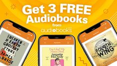 three phones with audiobooks on them and the text get 3 free audiobooks from audiobooks