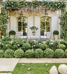 an outdoor patio with potted plants and chairs in front of the house, surrounded by greenery