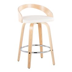 a wooden stool with a white seat and back rest on an isolated white background in front of a white backdrop