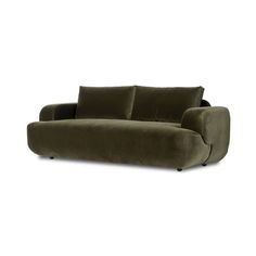 an olive green couch with two pillows on it's back and one arm extended