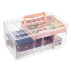 a plastic storage box filled with different types of luggage