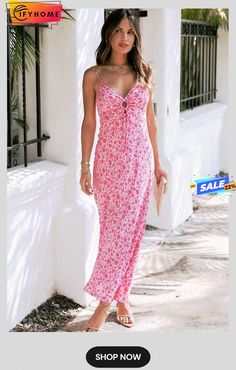 Pink Flower Print Front Cut Out Maxi Dress Pink Ditsy Floral Maxi Dress For Spring, Pink Ditsy Floral Print Maxi Dress For Beach, Floral Print Flower Shaped Spring Dress, Flower-shaped Summer Dresses For Vacation, Casual Spring Floral Dress, Pink Flower Print, Cut Out Maxi Dress, Pink Flower, Flower Print