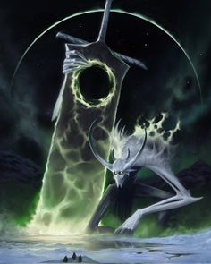 an artistic painting of a demon and a man standing in front of a giant alien like structure