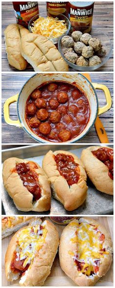 two pictures showing different types of hot dogs in buns with cheese and sauce on them