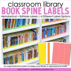 a book shelf filled with lots of books next to a white and pink sign that says classroom library