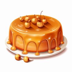 an illustration of a cake with caramel toppings on a white platter, ready to be eaten