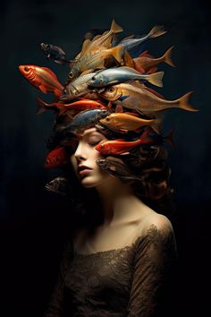 a woman with many fish on her head