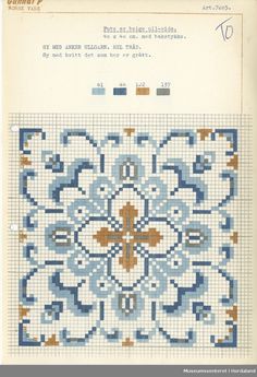 an old fashioned cross stitch pattern with blue and brown designs on the bottom half of it