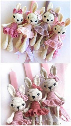 crocheted stuffed animals in pink and white dresses are shown next to each other