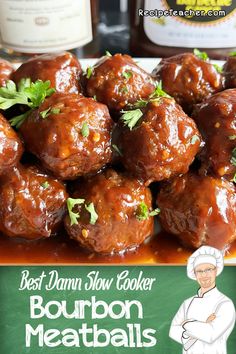 the best damn slow cooker bourbon meatballs are ready to be eaten and served