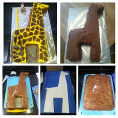 four pictures of giraffes made out of cake