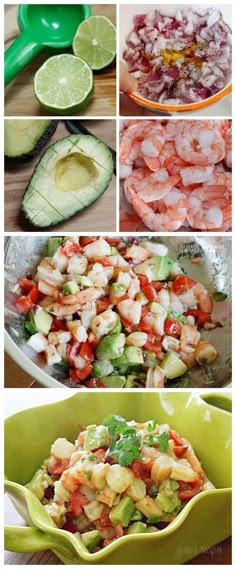 the process of making shrimp salad with avocado, lime and cilantro