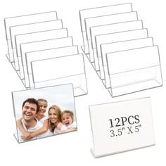 six clear acrylic business card holders with three different pictures on them and one for each family member