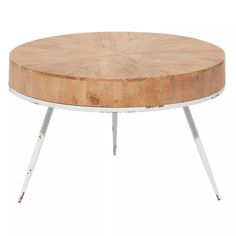 a round wooden table with metal legs on an isolated white background for use as a coffee table