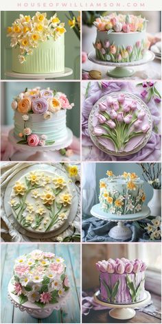 many different types of cakes with flowers on them