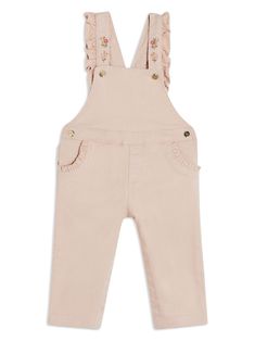 pink cotton floral embroidery ruffled detailing adjustable shoulder straps two rounded pockets to the sides straight leg Cotton Dungaree, Dungarees, Pink Cotton, Floral Embroidery, Shoulder Straps, Straight Leg, Trousers, Embroidery