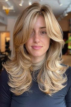 30 Long Butterfly Layered Haircuts : Warm Blonde Cascading Layers Butterfly Haircut With Side Bangs, Butterfly Layered Haircuts, Cascading Layers, Layered Haircuts For Women, Rich Brunette, Warm Blonde, Dyed Hair Inspiration, Haircut Inspiration, Wolf Cut