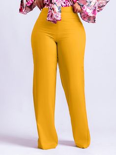 SkuCY-!130495Material20% Spandex , 50%-70% Polyester StylePlus Size , Wide Leg , High Waisted FeatureSolid Color OccasionFormal , Leisure Fashion SeasonsSpring , Summer , Autumn TypePants , Trousers ColorORANGE,YELLOW,FUCHSIA,ROYAL BLUESizeS,M,L,XL,2XL,3XL Please consult the size chart we provide for this item's measurements to help you decide which size to buy.Please note: There may be 1-3cm differ due to manual measurement.CMINCHWaistHipsBottom LengthS6686110M6888111L7393112XL78981132XL8310311 Fitted Yellow Bottoms Solid Color, Fitted Yellow Solid Color Bottoms, Fitted Yellow Bottoms, Mustard High-waist Bottoms For Work, Mustard High Waist Bottoms For Workwear, Yellow High-waisted Workwear Pants, High Waist Mustard Bottoms For Work, Yellow High-waisted Wide Leg Pants For Work, Stretch Plain Bottoms For Workwear