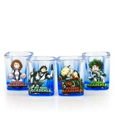 three shot glasses with cartoon characters on them