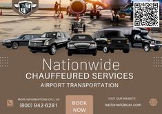 an advertisement for the national chauffeded services airport transportation program, featuring cars and planes