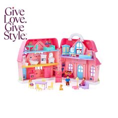 a pink doll house with furniture and accessories on the front, in an advertisement for toys r us