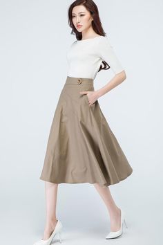 50s skirt - handmade linen skater skirt just for you -from Xiaolizi – XiaoLizi Solid Color Midi Skirt For Summer, Summer Solid Color Midi Skirt, Summer Workwear Skirt In Solid Color, Summer Workwear Skirt Solid Color, Solid Color Summer Skirt For Work, Beige Culottes For Spring Workwear, Beige Solid Color Maxi Skirt For Summer, Summer Beige Maxi Skirt, Spring Flowy Khaki Skirt